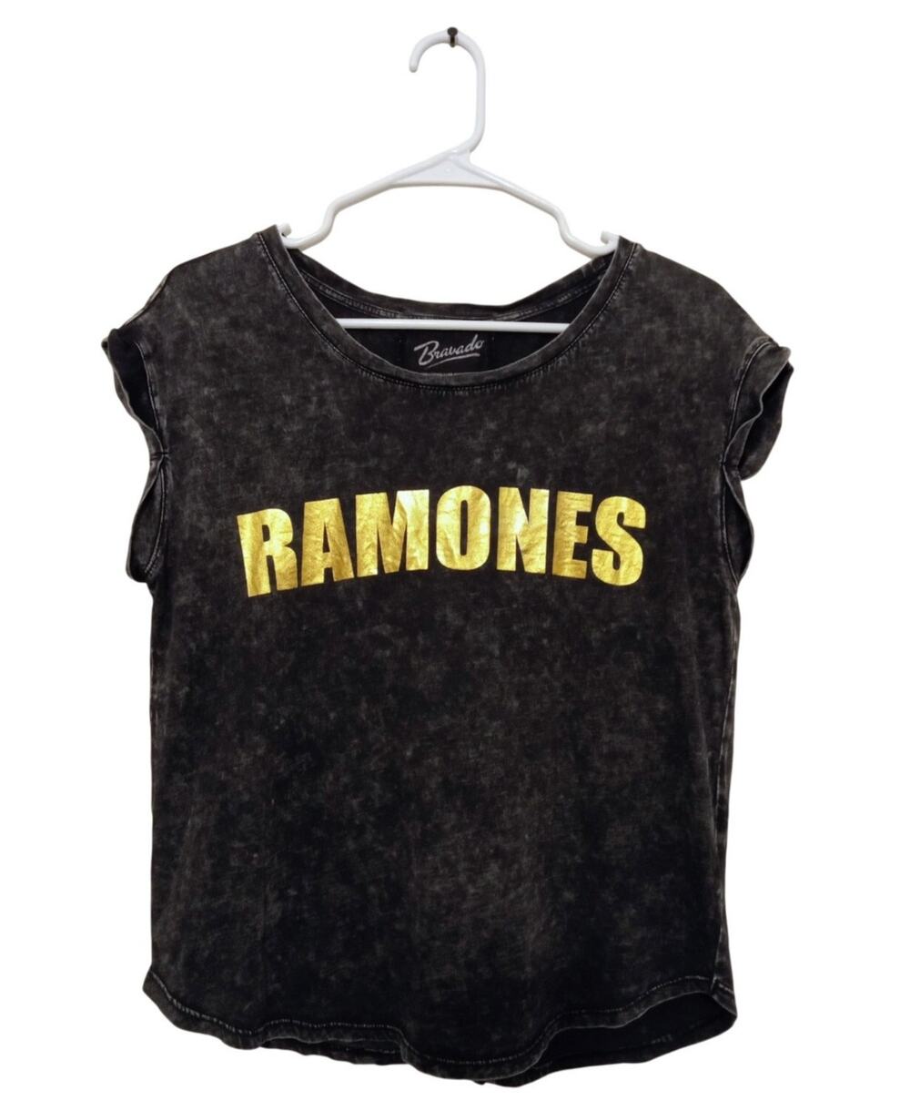 Ramones Bravado T-Shirt Black Acid Wash Graphic Tee Metallic Gold Punk Rock SZ S